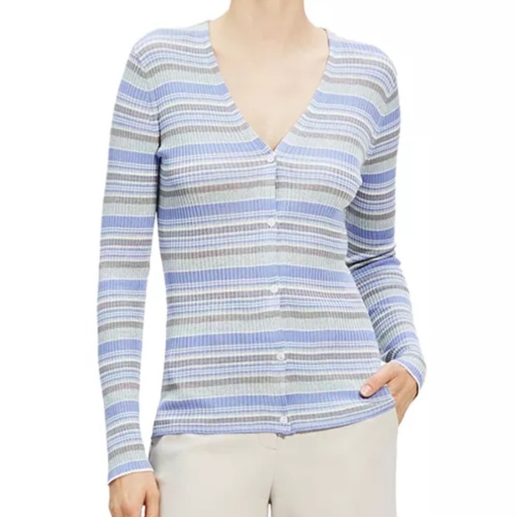 Theory Regatta Multi Stripe Washable Silk Button Cardigan Large - Picture 1 of 7